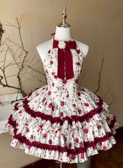 Romantic A-Line Halter Neck Tiered Backless Birthday Dresses Bow Lace Floral Print Homecoming Dress AP3605