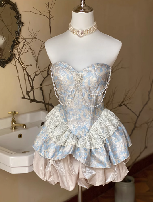 Ornate A-Line Strapless Tiered Birthday Dress Beading Lace Floral Print Homecoming Dress AP3606