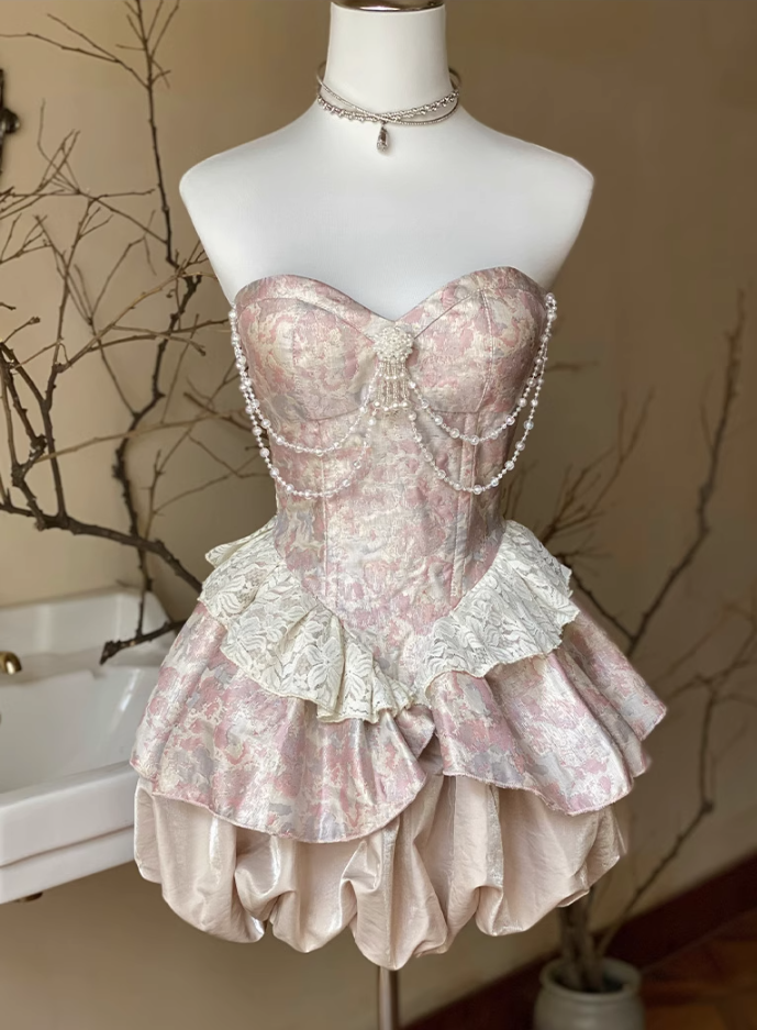 Ornate A-Line Strapless Tiered Birthday Dress Beading Lace Floral Print Homecoming Dress AP3606