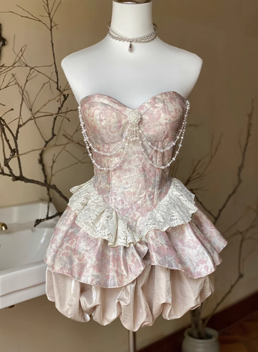 Ornate A-Line Strapless Tiered Birthday Dress Beading Lace Floral Print Homecoming Dress AP3606