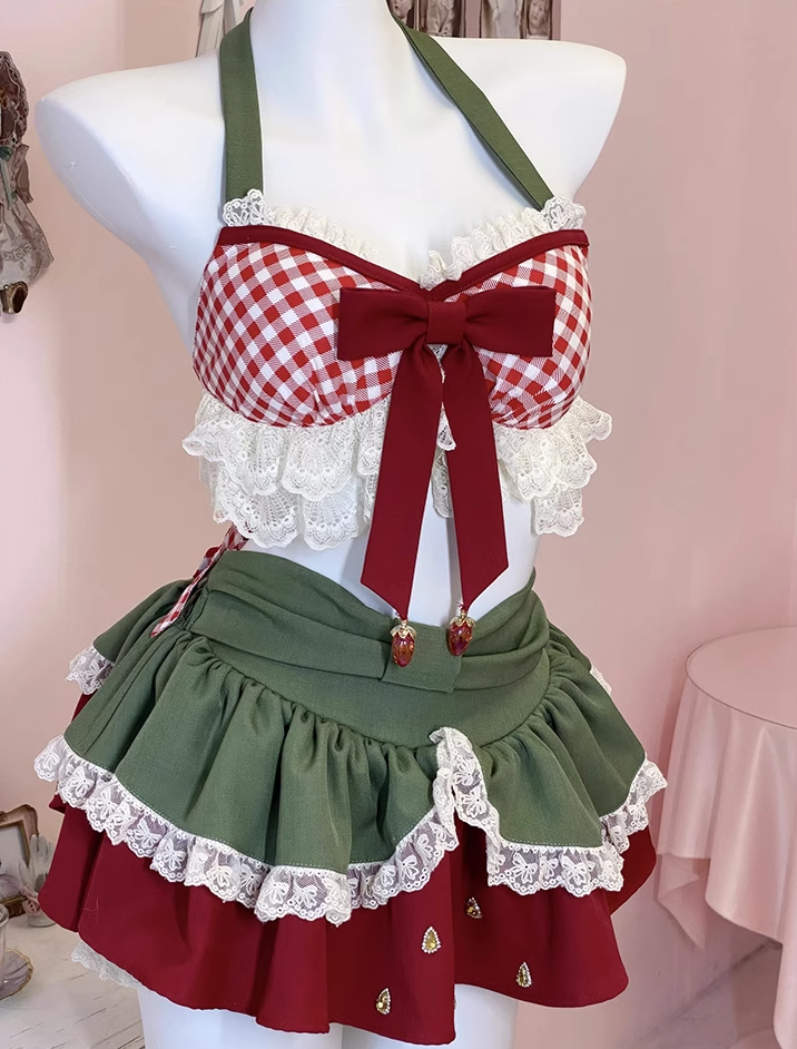 Fabulous A-Line Halter Neck Plaid Print Birthday Dresses 2-Piece Set Lace Bow Tiered Rhinestones Homecoming Dress AP3607