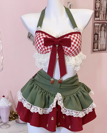 Fabulous A-Line Halter Neck Plaid Print Birthday Dresses 2-Piece Set Lace Bow Tiered Rhinestones Homecoming Dress AP3607