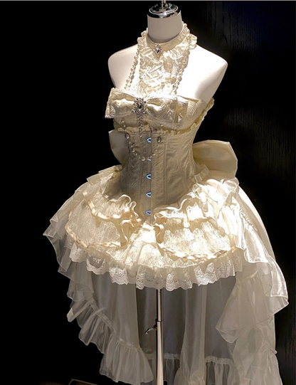 Chic A-Line Halter Neck Jacquard Birthday Dresses Pearls Bow Beading Rhinestones Lace Homecoming Dress AP3608