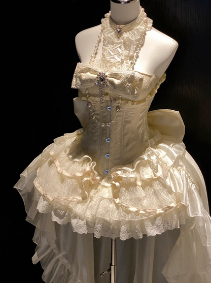 Chic A-Line Halter Neck Jacquard Birthday Dresses Pearls Bow Beading Rhinestones Lace Homecoming Dress AP3608