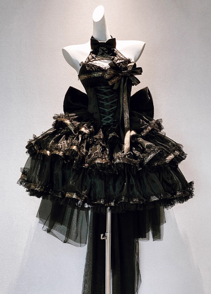 Luxurious A-Line Halter Neck Birthday Gowns Lace Bow Jacquard Tiered Homecoming Dress AP3609