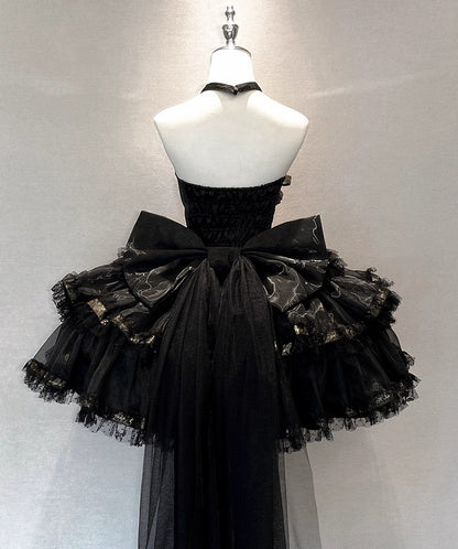 Luxurious A-Line Halter Neck Birthday Gowns Lace Bow Jacquard Tiered Homecoming Dress AP3609