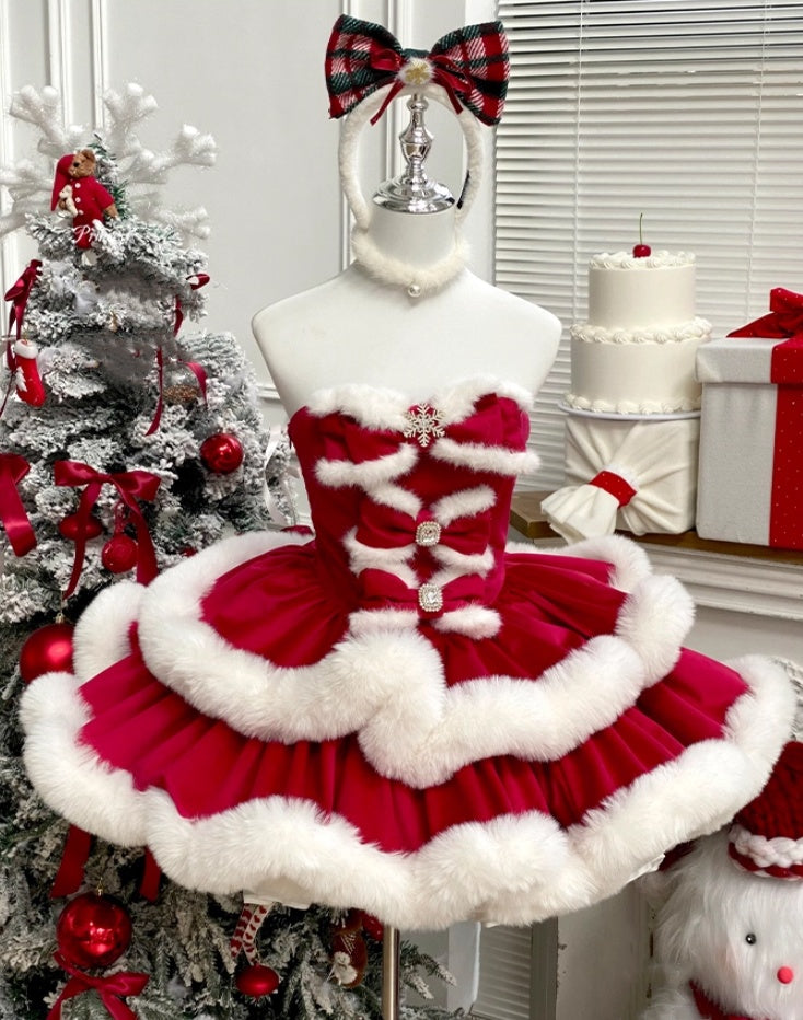 Christmas Style A-Line Strapless Parties Gowns Fur Bows Rhinestones Tiered Homecoming Dress AP3610