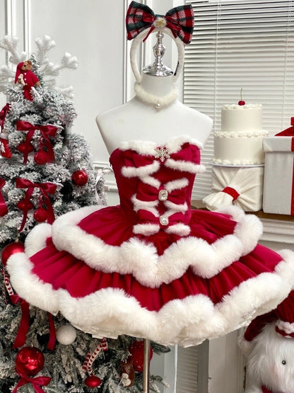 Christmas Style A-Line Strapless Parties Gowns Fur Bows Rhinestones Tiered Homecoming Dress AP3610