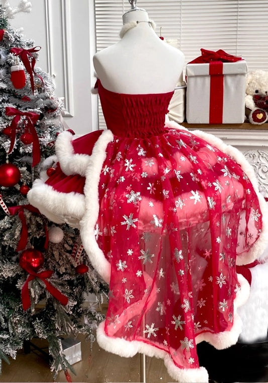 Christmas Style A-Line Strapless Parties Gowns Fur Bows Rhinestones Tiered Homecoming Dress AP3610