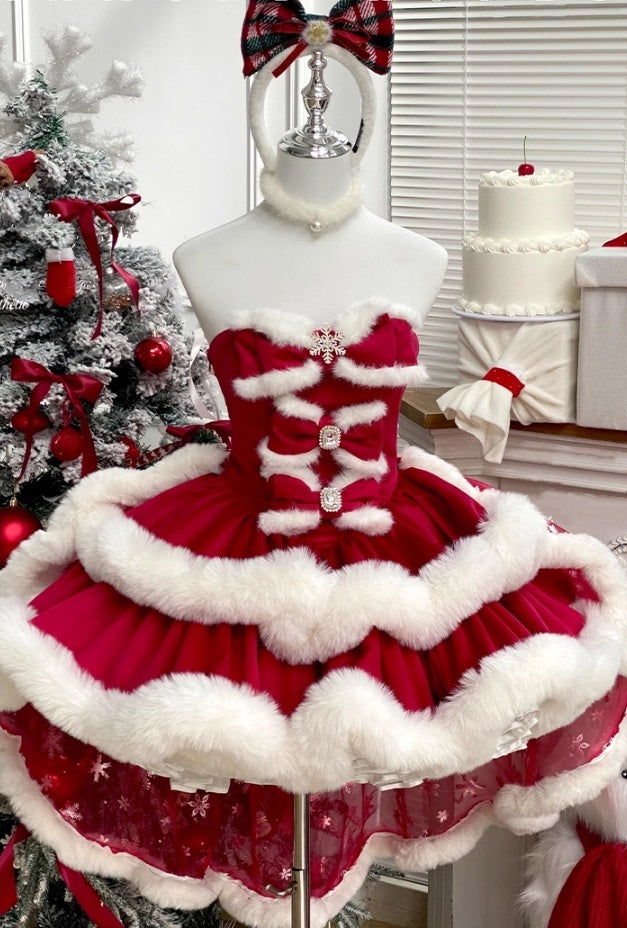 Christmas Style A-Line Strapless Parties Gowns Fur Bows Rhinestones Tiered Homecoming Dress AP3610