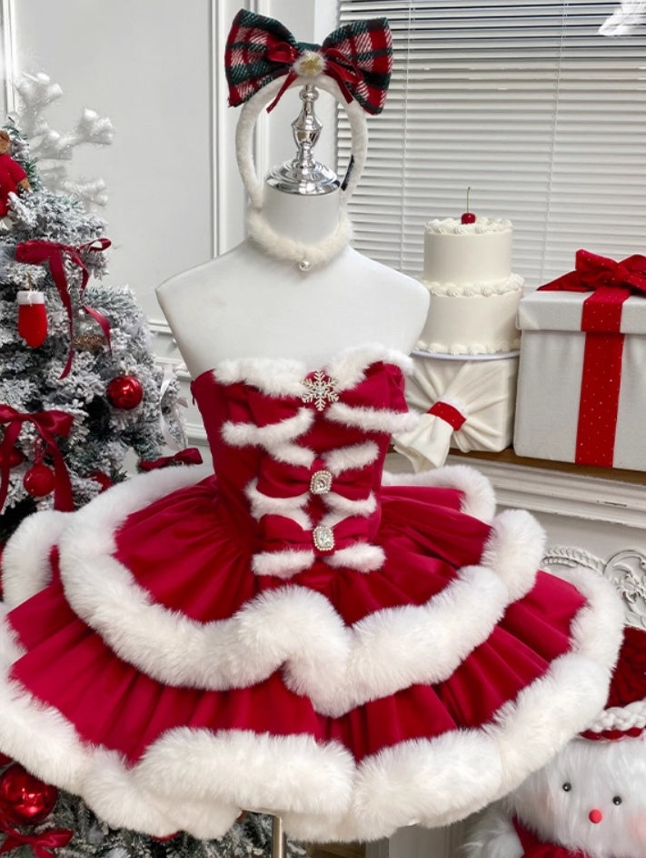 Christmas Style A-Line Strapless Parties Gowns Fur Bows Rhinestones Tiered Homecoming Dress AP3610