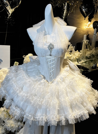 Graceful A-Line Halter Neck Birthday Gowns Jacquard Rhinestone Lace Tulle Tiered Homecoming Dress AP3612