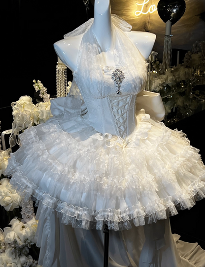 Graceful A-Line Halter Neck Birthday Gowns Jacquard Rhinestone Lace Tulle Tiered Homecoming Dress AP3612