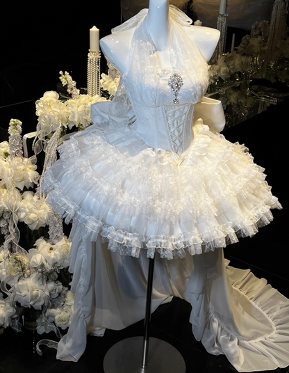 Graceful A-Line Halter Neck Birthday Gowns Jacquard Rhinestone Lace Tulle Tiered Homecoming Dress AP3612