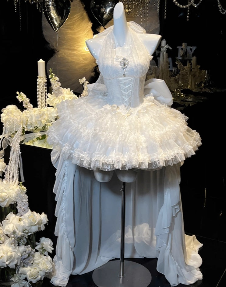 Graceful A-Line Halter Neck Birthday Gowns Jacquard Rhinestone Lace Tulle Tiered Homecoming Dress AP3612