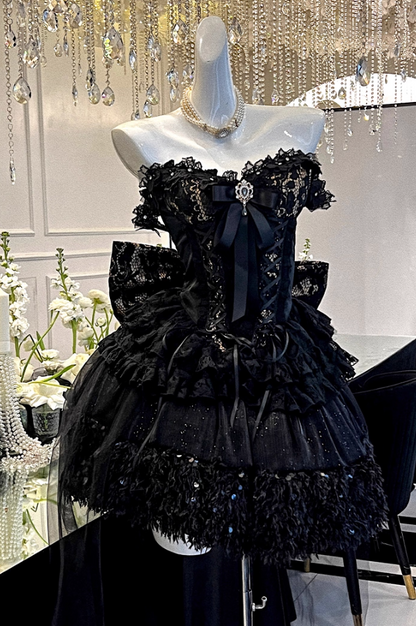 Classical Off Shoulder A-Line Tiered Birthday Gowns Feather Rhinestones Lace Sequins Homecoming Dress AP3614