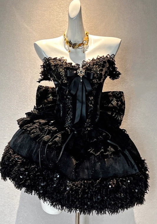 Classical Off Shoulder A-Line Tiered Birthday Gowns Feather Rhinestones Lace Sequins Homecoming Dress AP3614