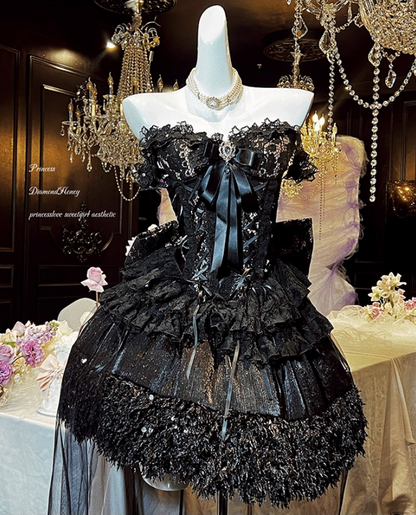 Classical Off Shoulder A-Line Tiered Birthday Gowns Feather Rhinestones Lace Sequins Homecoming Dress AP3614