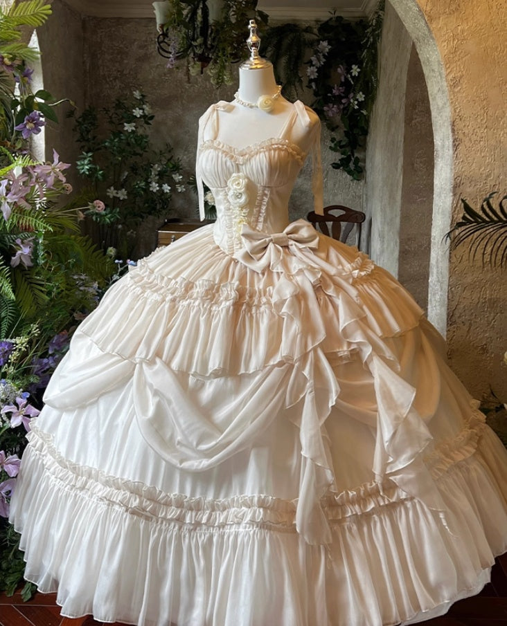 Sweet A-Line Spaghetti Strap Tiered Tulle Evening Dresses Bows Handmade Flowers Prom Dress AP3616