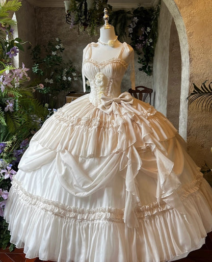 Sweet A-Line Spaghetti Strap Tiered Tulle Evening Dresses Bows Handmade Flowers Prom Dress AP3616