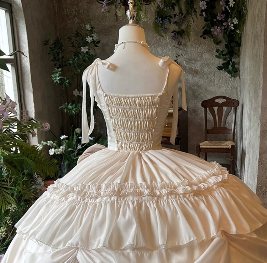 Sweet A-Line Spaghetti Strap Tiered Tulle Evening Dresses Bows Handmade Flowers Prom Dress AP3616