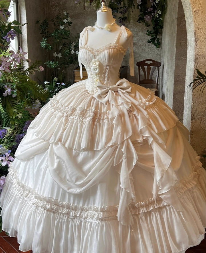 Sweet A-Line Spaghetti Strap Tiered Tulle Evening Dresses Bows Handmade Flowers Prom Dress AP3616