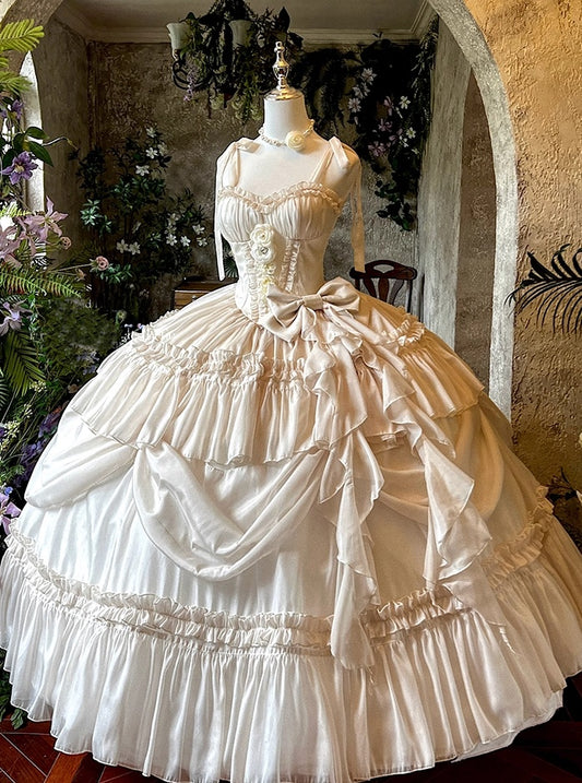 Sweet A-Line Spaghetti Strap Tiered Tulle Evening Dresses Bows Handmade Flowers Prom Dress AP3616