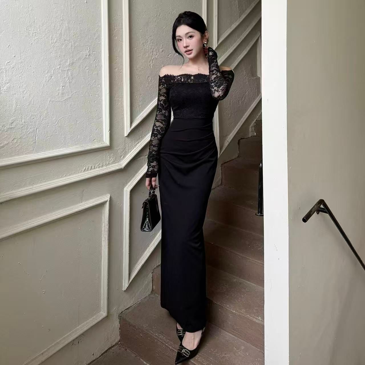 Cute Sheath Lace Long Sleeve Black Maxi Dress Beach Vacation Off-Shoulder Minimalism Long Dress AP3617