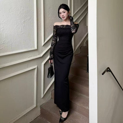 Cute Sheath Lace Long Sleeve Black Maxi Dress Beach Vacation Off-Shoulder Minimalism Long Dress AP3617