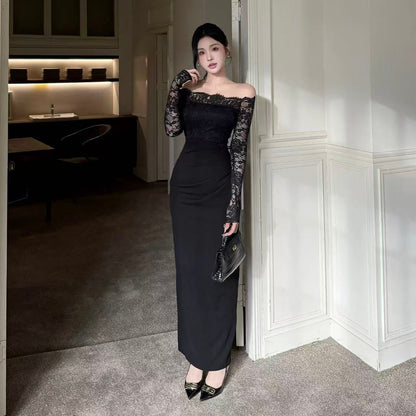 Cute Sheath Lace Long Sleeve Black Maxi Dress Beach Vacation Off-Shoulder Minimalism Long Dress AP3617