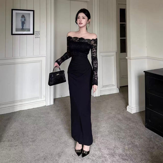 Cute Sheath Lace Long Sleeve Black Maxi Dress Beach Vacation Off-Shoulder Minimalism Long Dress AP3617