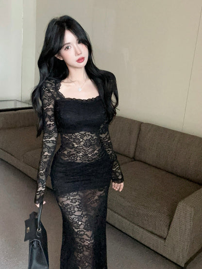 Vintage Lace Splicing Long Sleeve Black Sheath Maxi Dress Alluring Square Neck Beach Vacation Long Dress AP3618