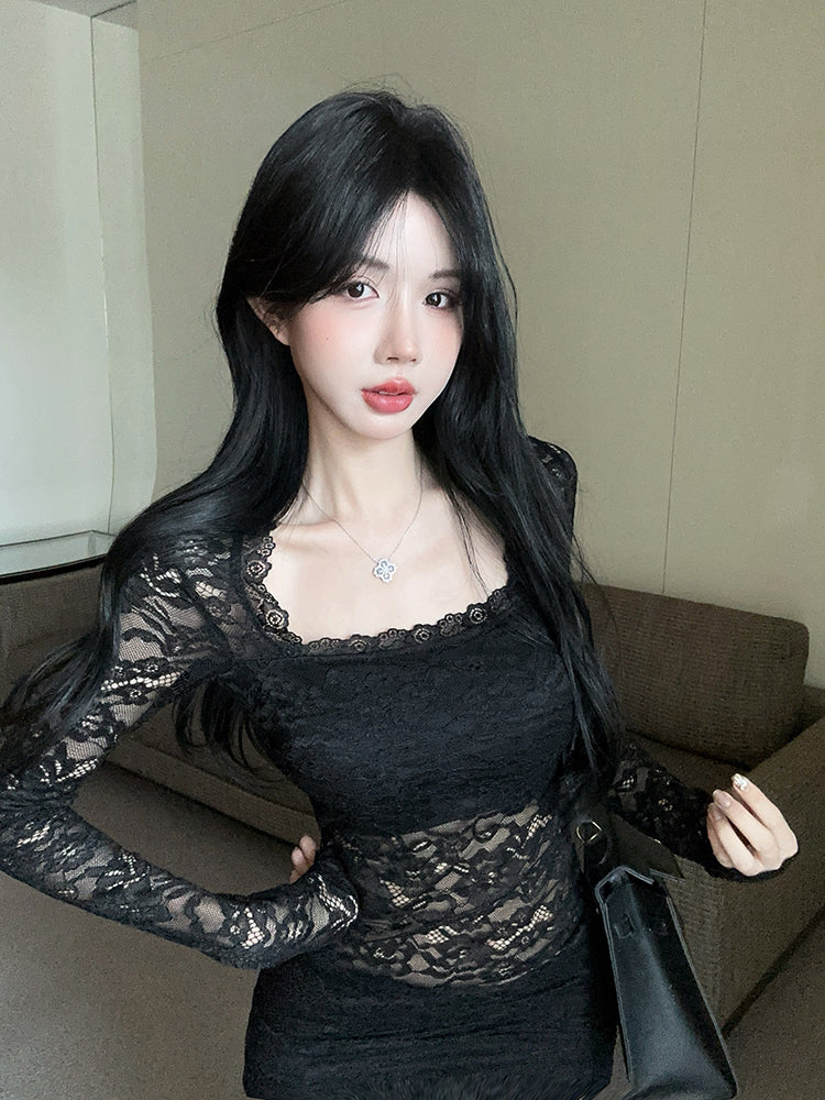 Vintage Lace Splicing Long Sleeve Black Sheath Maxi Dress Alluring Square Neck Beach Vacation Long Dress AP3618