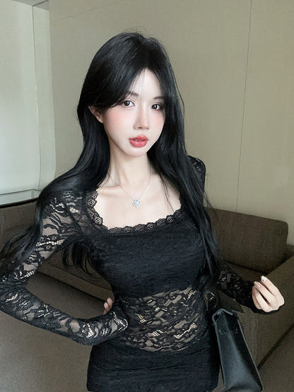 Vintage Lace Splicing Long Sleeve Black Sheath Maxi Dress Alluring Square Neck Beach Vacation Long Dress AP3618