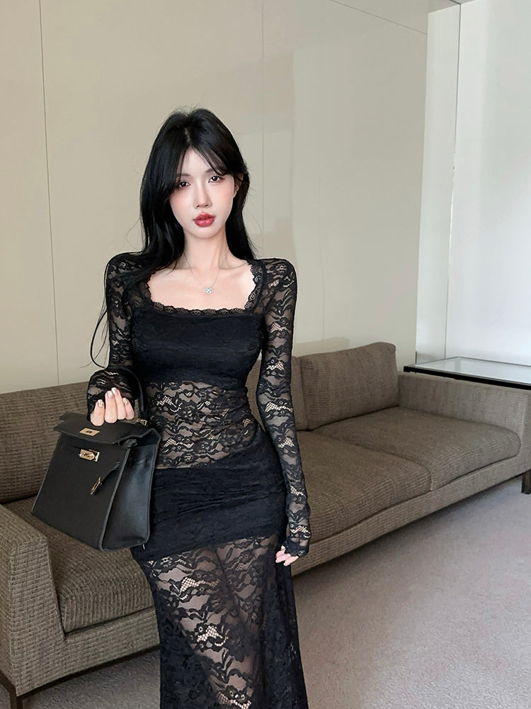 Vintage Lace Splicing Long Sleeve Black Sheath Maxi Dress Alluring Square Neck Beach Vacation Long Dress AP3618