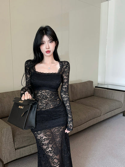Vintage Lace Splicing Long Sleeve Black Sheath Maxi Dress Alluring Square Neck Beach Vacation Long Dress AP3618