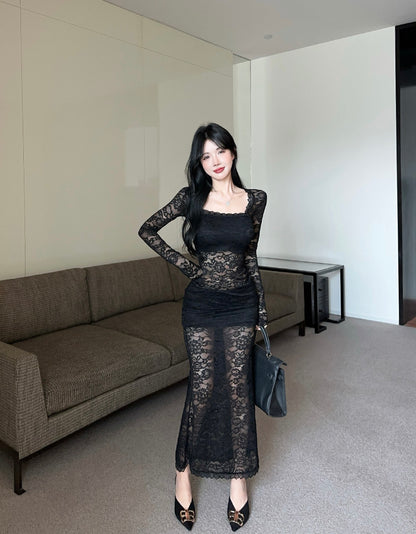 Vintage Lace Splicing Long Sleeve Black Sheath Maxi Dress Alluring Square Neck Beach Vacation Long Dress AP3618