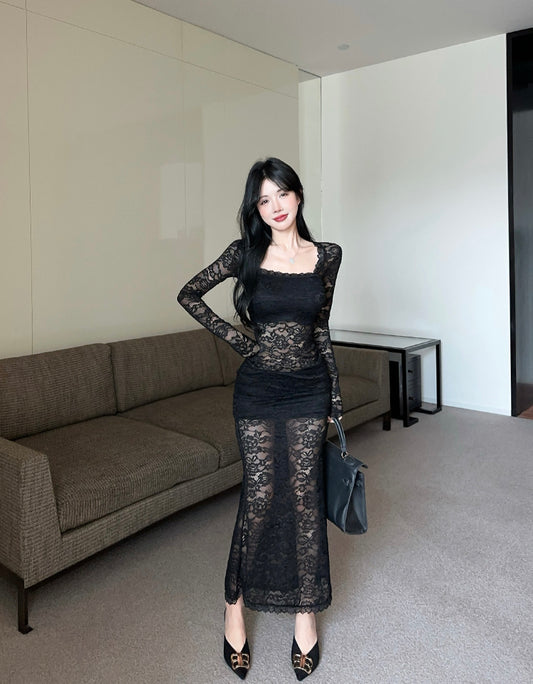 Vintage Lace Splicing Long Sleeve Black Sheath Maxi Dress Alluring Square Neck Beach Vacation Long Dress AP3618