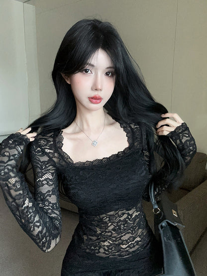 Vintage Lace Splicing Long Sleeve Black Sheath Maxi Dress Alluring Square Neck Beach Vacation Long Dress AP3618