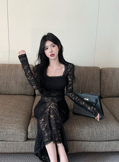 Vintage Lace Splicing Long Sleeve Black Sheath Maxi Dress Alluring Square Neck Beach Vacation Long Dress AP3618