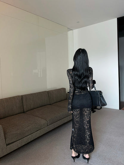 Vintage Lace Splicing Long Sleeve Black Sheath Maxi Dress Alluring Square Neck Beach Vacation Long Dress AP3618