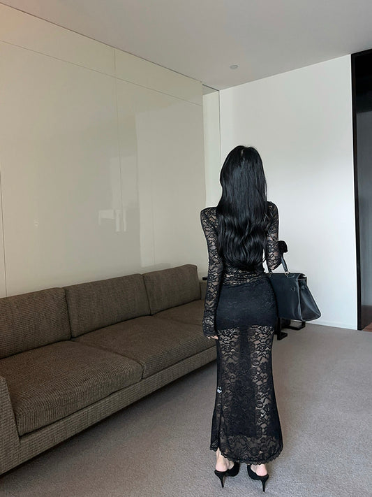 Vintage Lace Splicing Long Sleeve Black Sheath Maxi Dress Alluring Square Neck Beach Vacation Long Dress AP3618