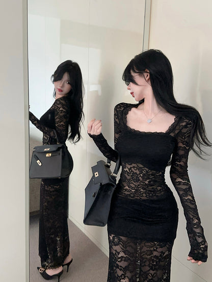 Vintage Lace Splicing Long Sleeve Black Sheath Maxi Dress Alluring Square Neck Beach Vacation Long Dress AP3618