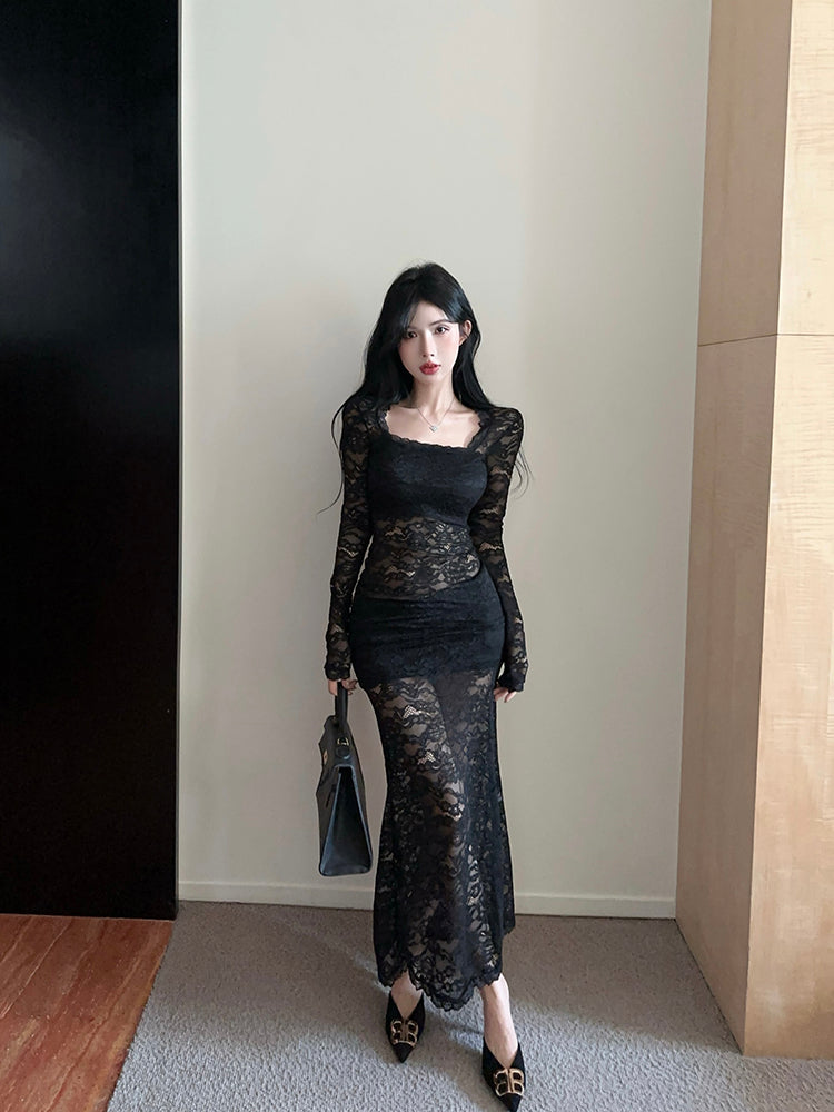 Vintage Lace Splicing Long Sleeve Black Sheath Maxi Dress Alluring Square Neck Beach Vacation Long Dress AP3618