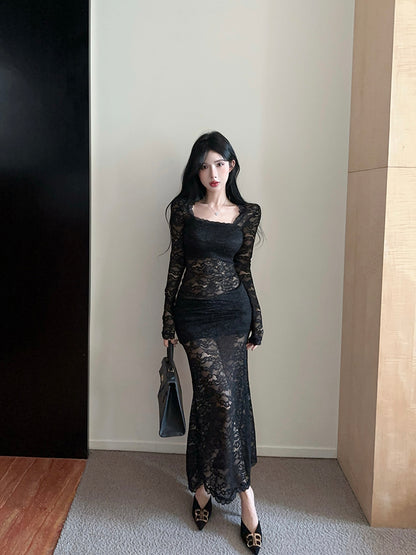 Vintage Lace Splicing Long Sleeve Black Sheath Maxi Dress Alluring Square Neck Beach Vacation Long Dress AP3618