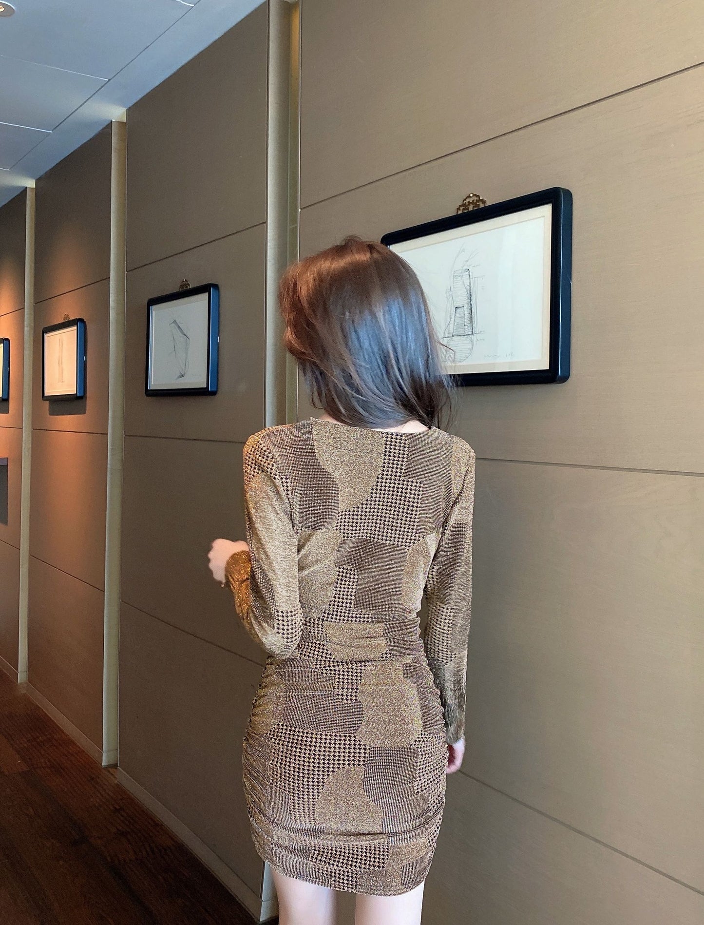 Dreamy Long Sleeve Bodycon Ruched Mini Dress Chic Deep V Neck Zipper Design Short Dress AP3620