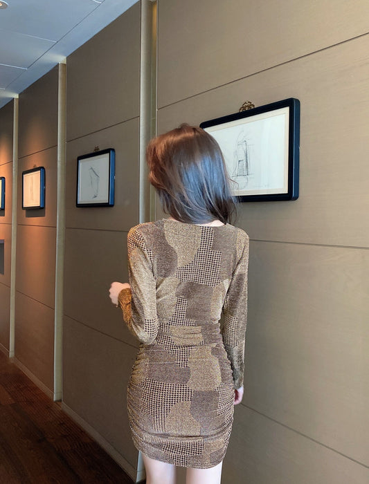 Dreamy Long Sleeve Bodycon Ruched Mini Dress Chic Deep V Neck Zipper Design Short Dress AP3620