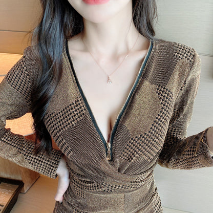 Dreamy Long Sleeve Bodycon Ruched Mini Dress Chic Deep V Neck Zipper Design Short Dress AP3620