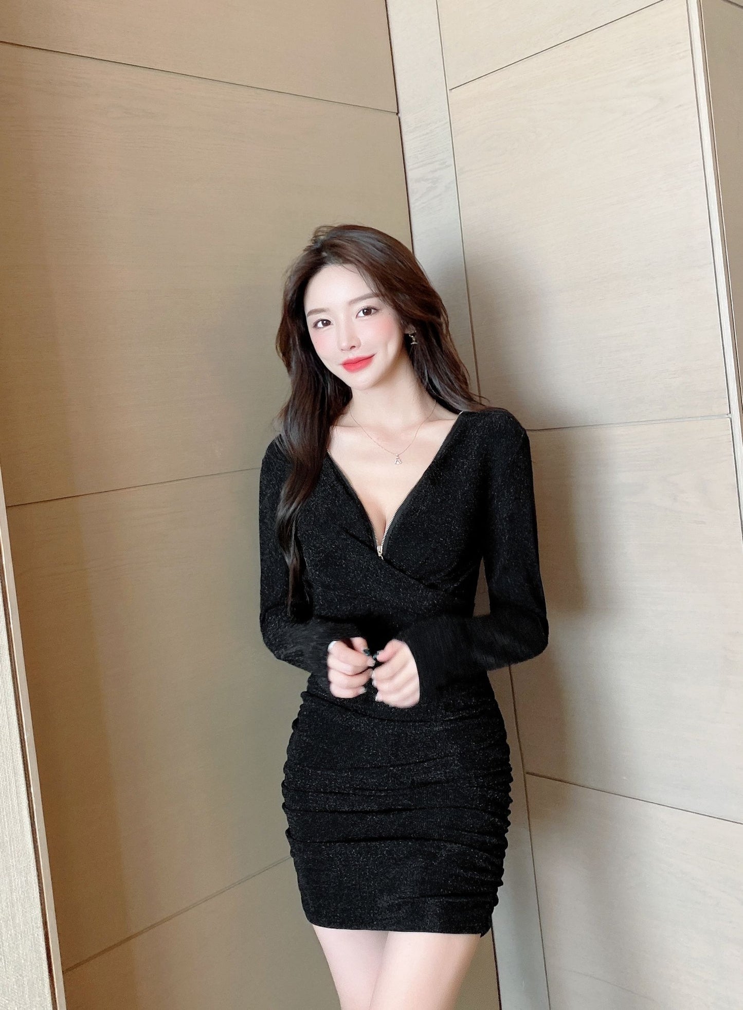 Ethereal Bodycon Deep V Neck LBD Gathered Mini Dress Simple Long Sleeve Zipper Design Short Dress AP3621