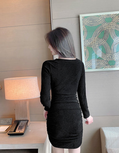 Ethereal Bodycon Deep V Neck LBD Gathered Mini Dress Simple Long Sleeve Zipper Design Short Dress AP3621